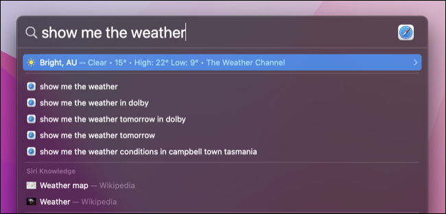 "Show me the weather" command in macOS Spotlight 