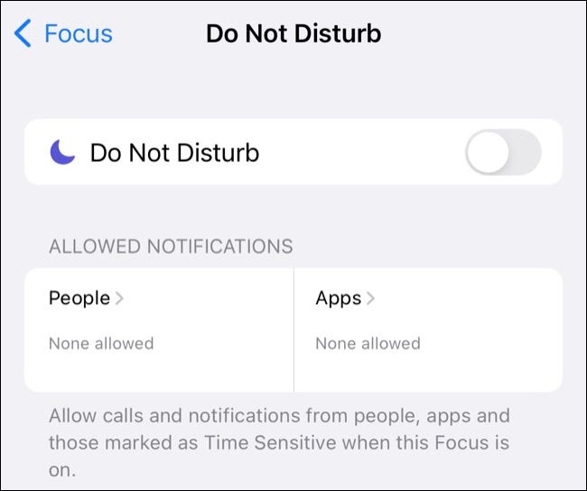 Do Not Disturb mode preferences in Focus settings for iPhone