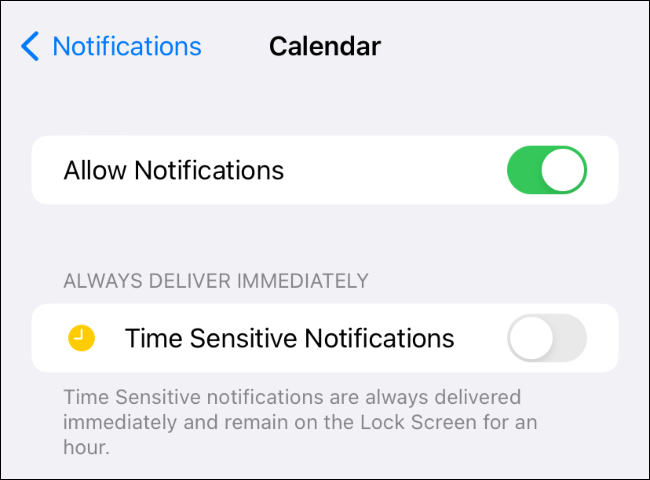 Allow notifications toggle inside Calendar app settings on iPhone