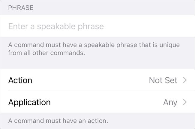 Enter speakable phrase for Voice Control