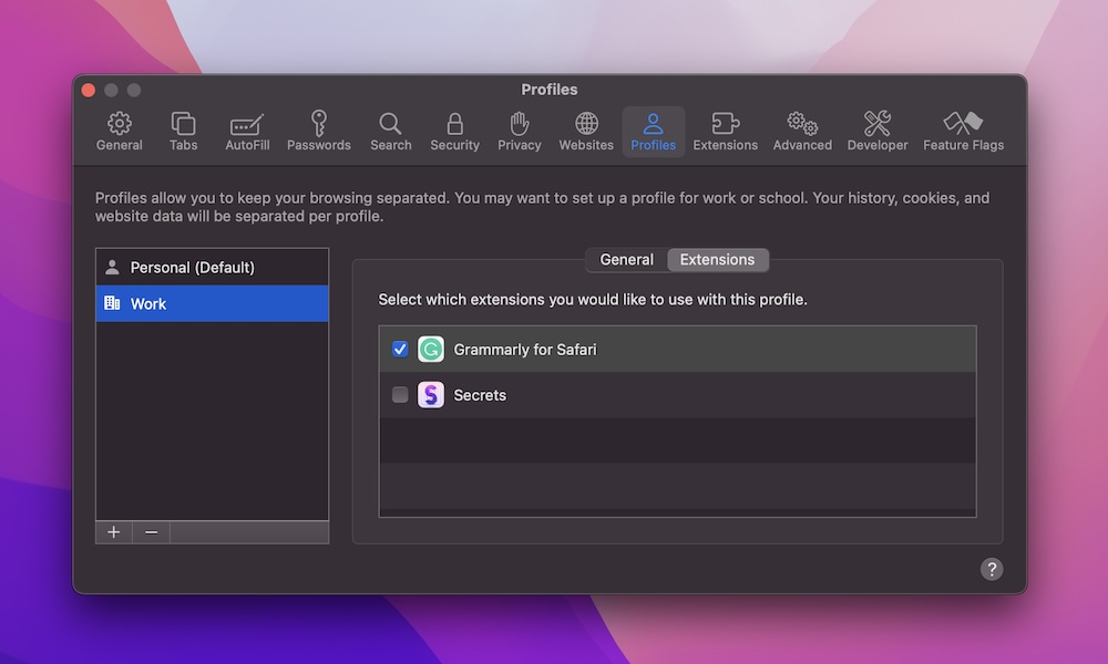 Choose extensions for each safari profile Mac